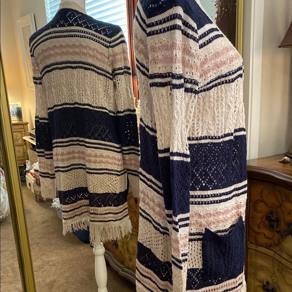 New Directions Cozy Blue and Cream Cardigan - Picture 4 of 13